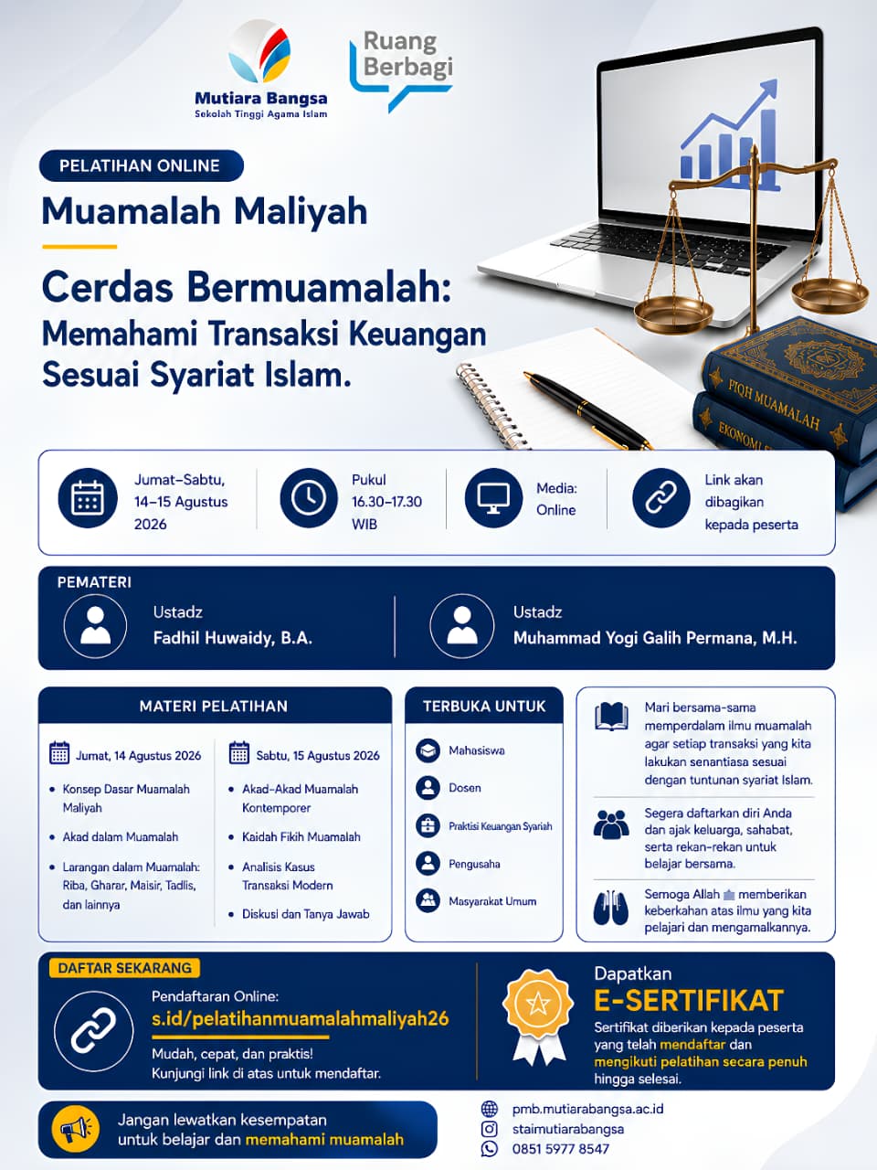 Poster Pelatihan Online Muamalah Maliyah STAI Mutiara Bangsa tanggal 14 dan 15 Agustus 2026